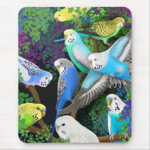 Budgie Parakeets und Farne Mousepad