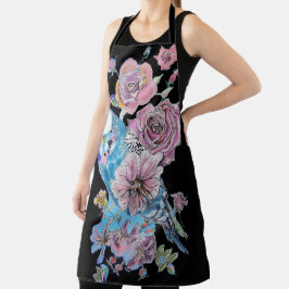 Budgie Watercolor Rose Blumendesign Schwarze Schür Schürze