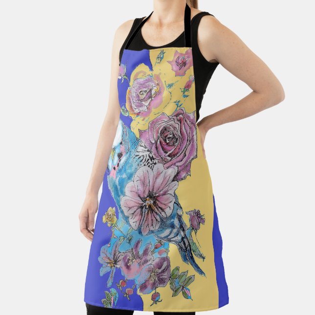 Budgie Watercolor Rose Floral Navy & Yellow Schürz Schürze (InSitu)