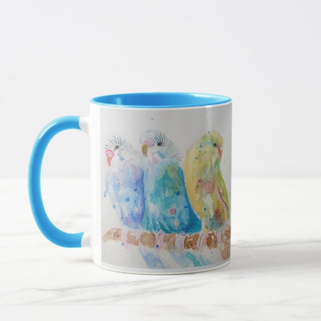 Budgies Drei-sitzende Zweigstelle Wasserfarbe Tass Tasse (Links)