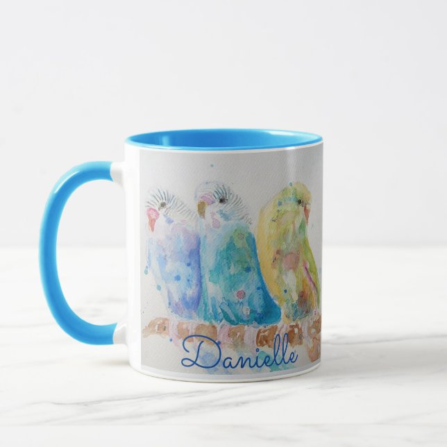 Budgies Drei-sitzende Zweigstelle Wasserfarbe Tass Tasse (Links)
