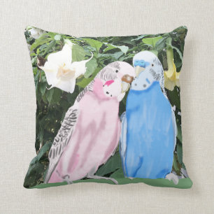 Budgies und weiße Engels-Trompete-Blumen Kissen
