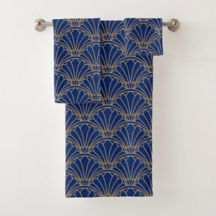 Bue and Gold Art Deco Blume Motif Badhandtuch Set