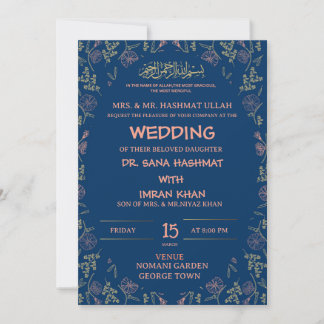 Bue & Peach Floral Muslim Hochzeit Einladung