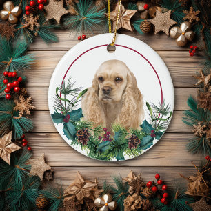 Buff American Cocker Spaniel Evergreen Wreath Keramik Ornament