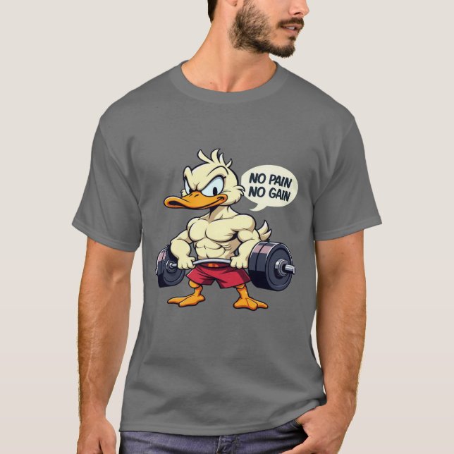 Buff Duck No Pain No Gain Gym Workout Cartoon T-Shirt (Vorderseite)