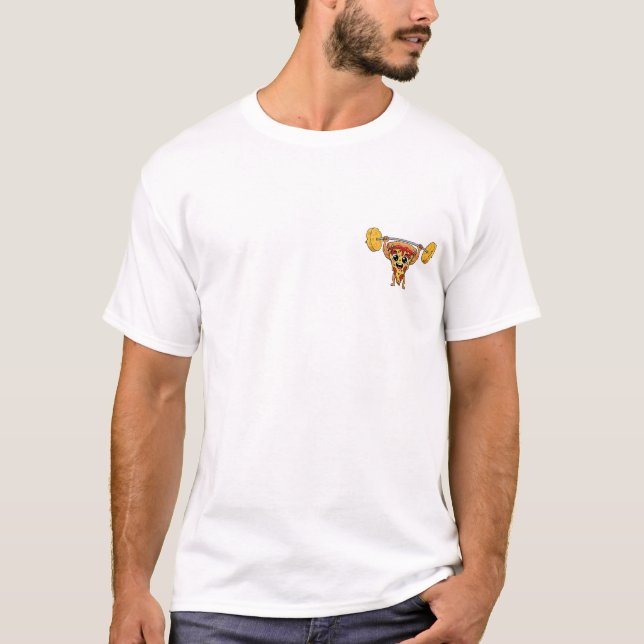 Buff Pizza Slice Lifting Cheese Barbell Cartoon T-Shirt (Vorderseite)