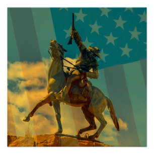 Buffalo Bill Cody statue Cody, Wyoming & USA flagg Poster