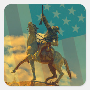 Buffalo Bill Cody Statue Cody, Wyoming & USA-Flagg Quadratischer Aufkleber