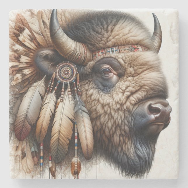 Buffalo Bison Amerikanische Ureinwohner Art Steinuntersetzer (Vorderseite)
