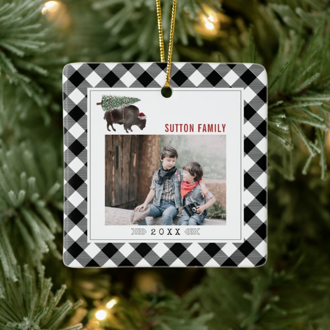 Buffalo Bison Christmas Tree Kariertes Foto Cowboy Keramikornament (Baum)