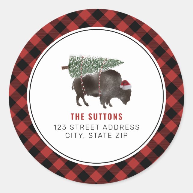 Buffalo Bison Christmas Tree Red Karierte Adresse Runder Aufkleber (Vorderseite)