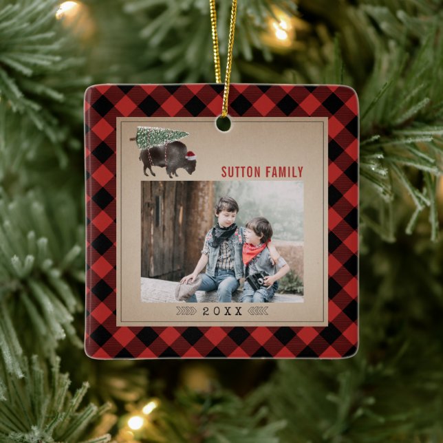 Buffalo Bison Christmas Tree Rotes Kariertes Foto Keramikornament (Baum)