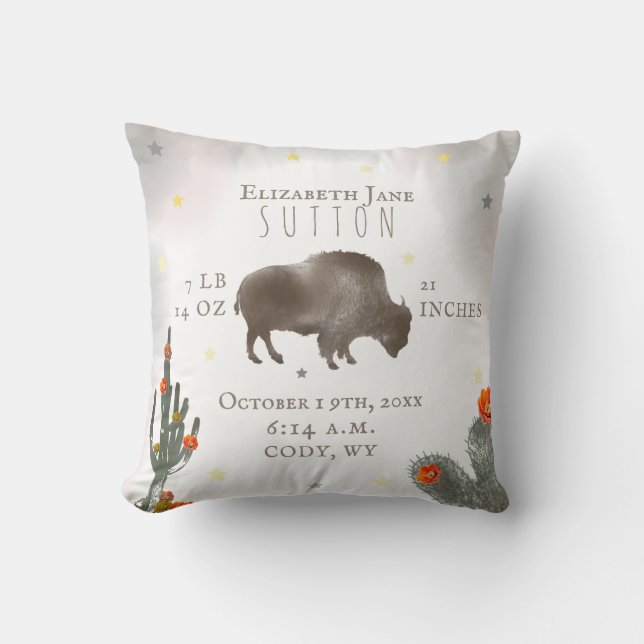 Buffalo Bison Desert Cacti Baby Birth Stats Floral Kissen (Vorderseite)