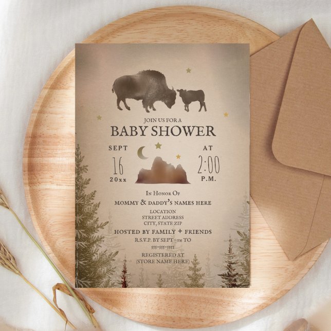 Buffalo Bison Desert Evergreen Baby Dusche Rustika Einladung (Von Creator hochgeladen)