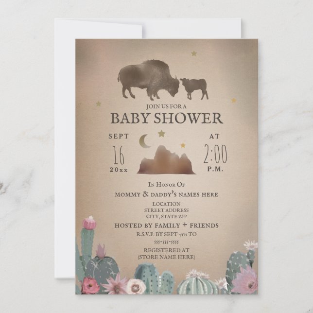 Buffalo Bison Desert Floral Girl Babydusche Einladung (Vorderseite)