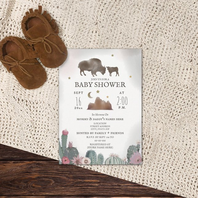 Buffalo Bison Floral Cactus Girl Baby Shower Einladung (Von Creator hochgeladen)