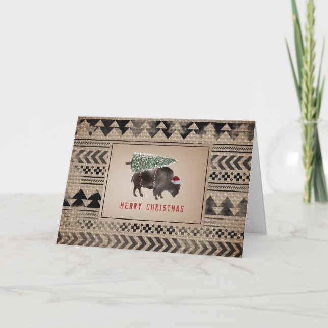 Buffalo Bison Santa Merry Christmas Tree Burlap Feiertagskarte (Vorderseite)