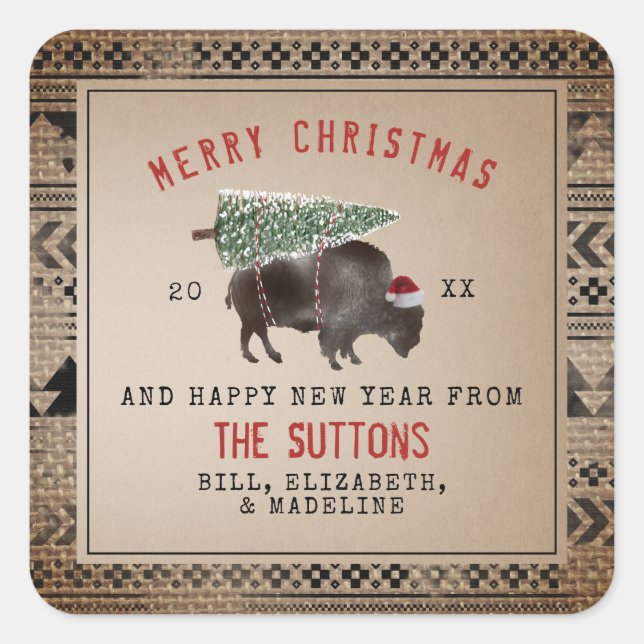 Buffalo Bison Santa Merry Christmas Tree Burlap Quadratischer Aufkleber (Vorderseite)