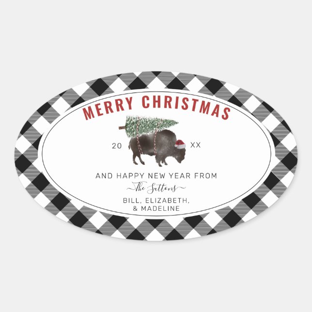 Buffalo Bison Santa Merry Weihnachtsbaum Kariert Ovaler Aufkleber (Vorderseite)