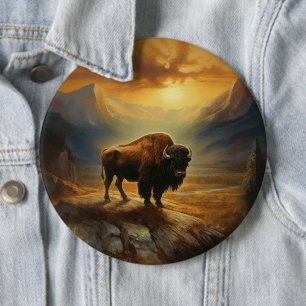 Buffalo Bison Sunset Silhouette Button