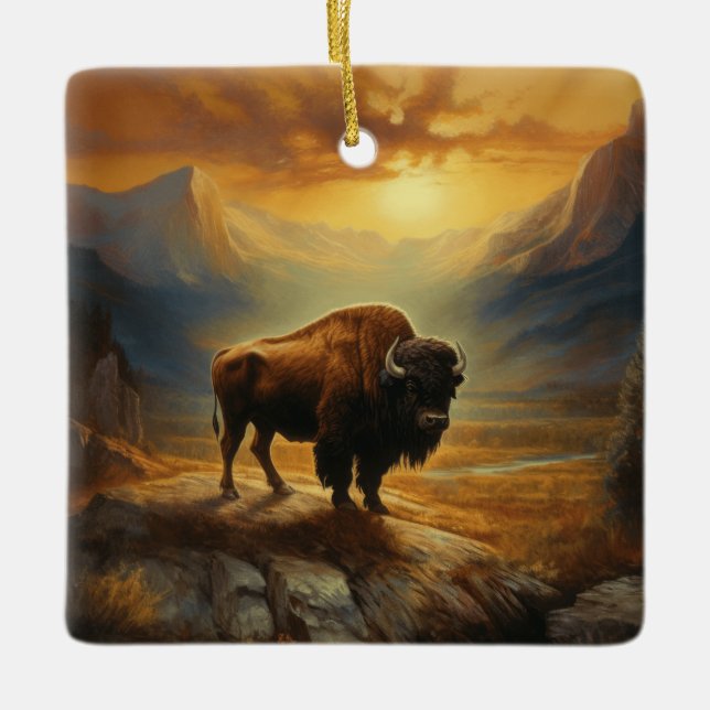 Buffalo Bison Sunset Silhouette Keramikornament (Vorderseite)