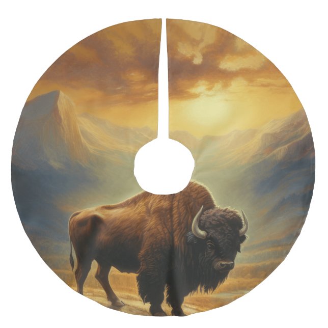 Buffalo Bison Sunset Silhouette Polyester Weihnachtsbaumdecke (Vorderseite)