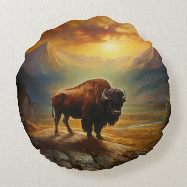 Buffalo Bison Sunset Silhouette Rundes Kissen (Rückseite)