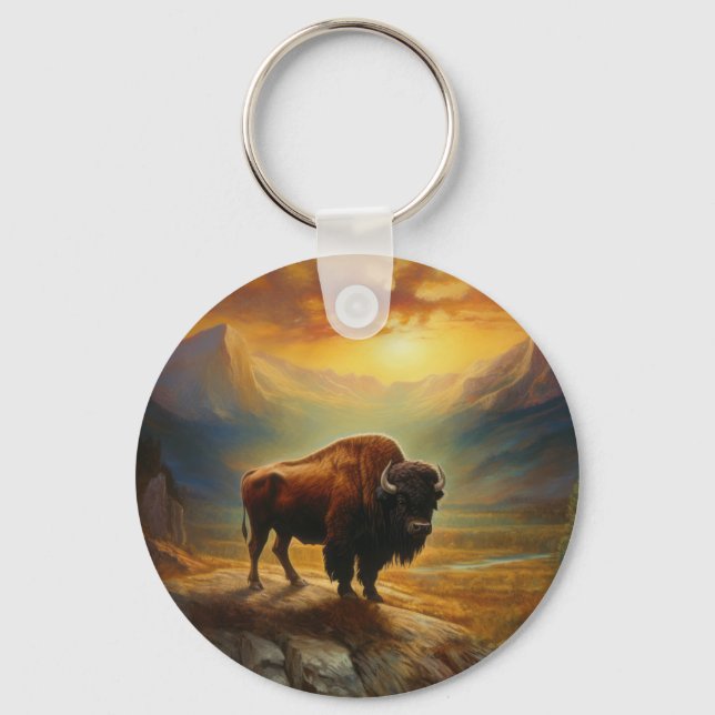 Buffalo Bison Sunset Silhouette Schlüsselanhänger (Vorderseite)