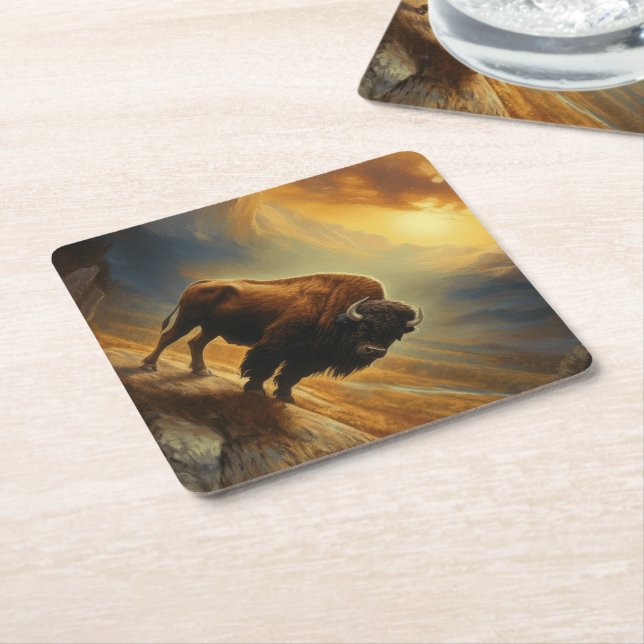 Buffalo Bison Sunset Silhouette Untersetzer (angewinkelt)