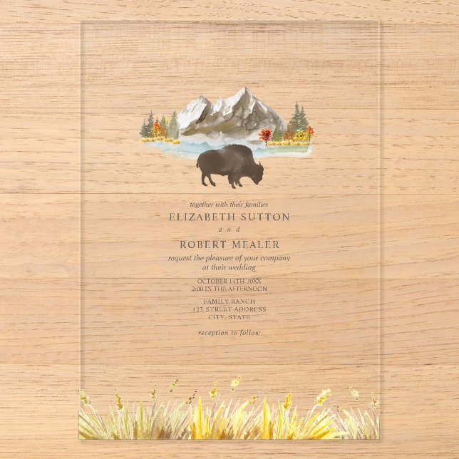 Buffalo Bison Wasserfarben Berge Herbsthochzeit Acryleinladungen (Vorderseite)