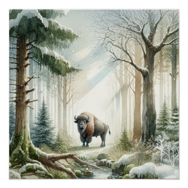 Buffalo Bison Whimsical Winter Landschaft Poster (Vorderseite)