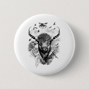 Buffalo Bison Wild Animal Nature Illustration Art Button