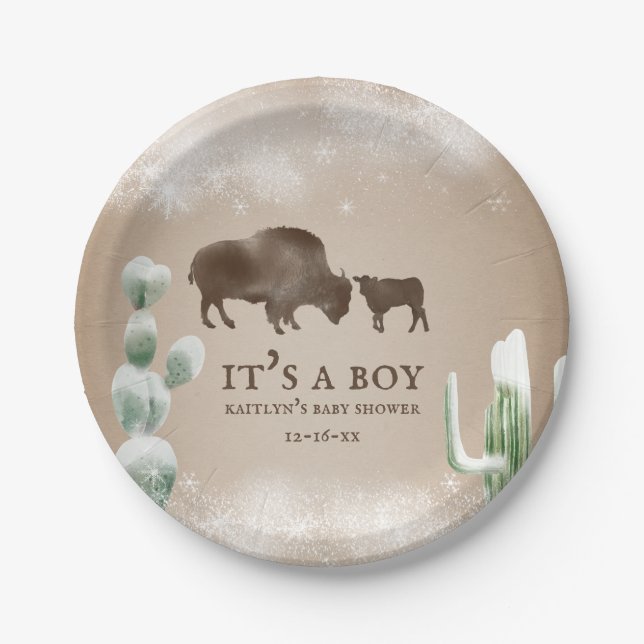 Buffalo Desert Snow Cactus Winter Baby Shower Pappteller (Vorderseite)