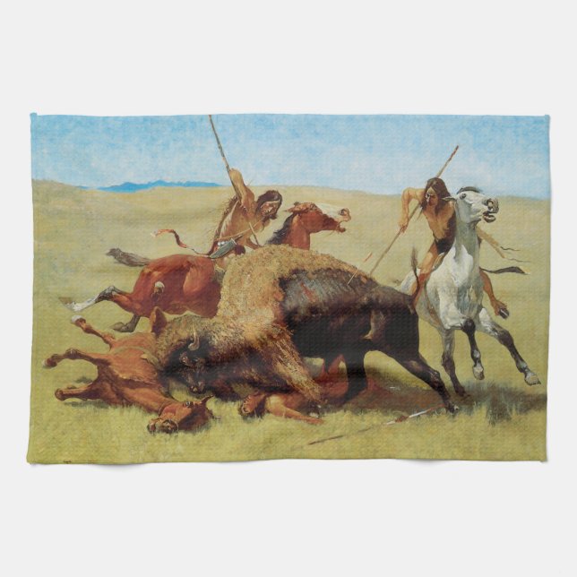 Buffalo Hunt by Remington, Vintager Indianer Geschirrtuch (Horizontal)