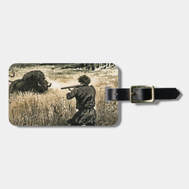 Buffalo Hunt Wild West Frontiersman Illustration Gepäckanhänger (Vorderseite horizontal)