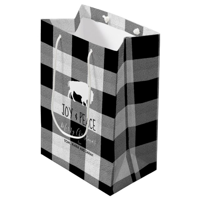 Buffalo Kariert Black and White Joy & Peace ID603 Mittlere Geschenktüte (Vorderseite Schrägansicht)