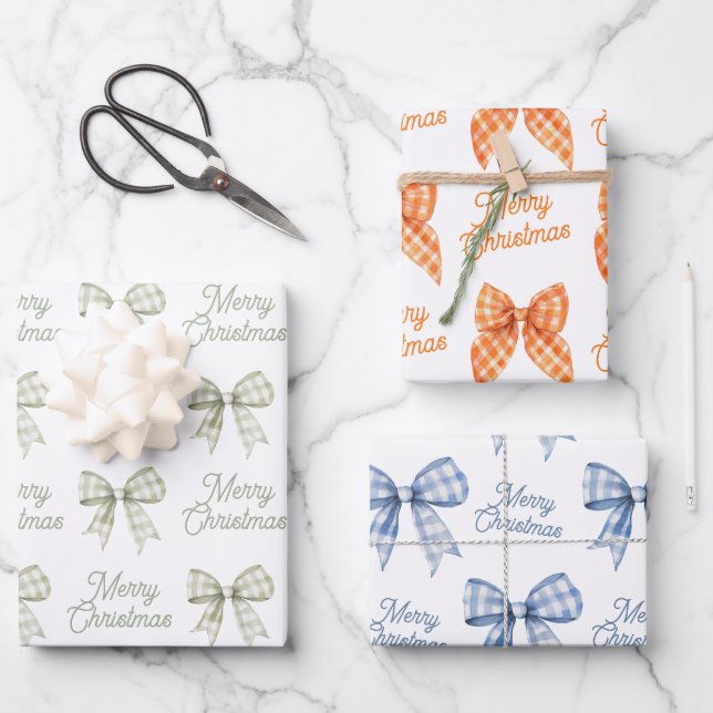 Buffalo Kariert Bows Sage Peach Blue Frohe Weihnac Geschenkpapier Set (Vorderseite)