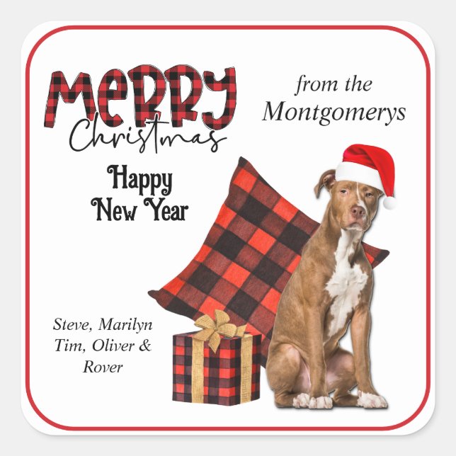 Buffalo Kariert Brown Pit Bull Christmas Quadratischer Aufkleber (Vorderseite)