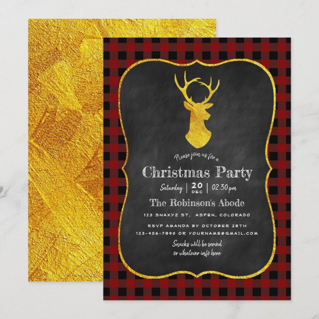 Buffalo Kariert Chalkboard Foil Christmas Party Einladung (Vorne/Hinten)