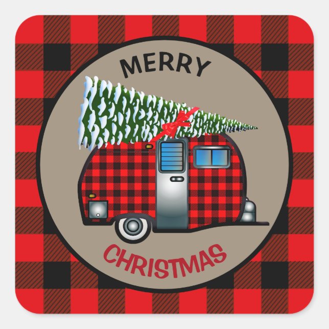 Buffalo Kariert Christmas Camper Trailer Quadratischer Aufkleber (Vorderseite)