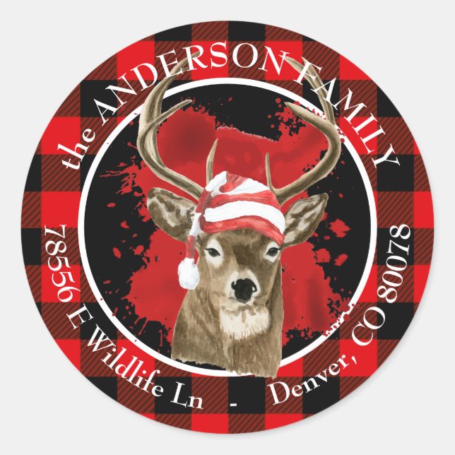 Buffalo Kariert Deer Weihnachtsmannmütze Rücksende Runder Aufkleber (Vorderseite)