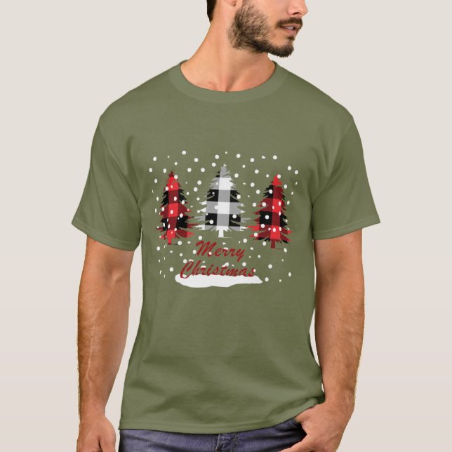 Buffalo kariert dekorierte Weihnachtskiefern T-Shirt (Vorderseite)