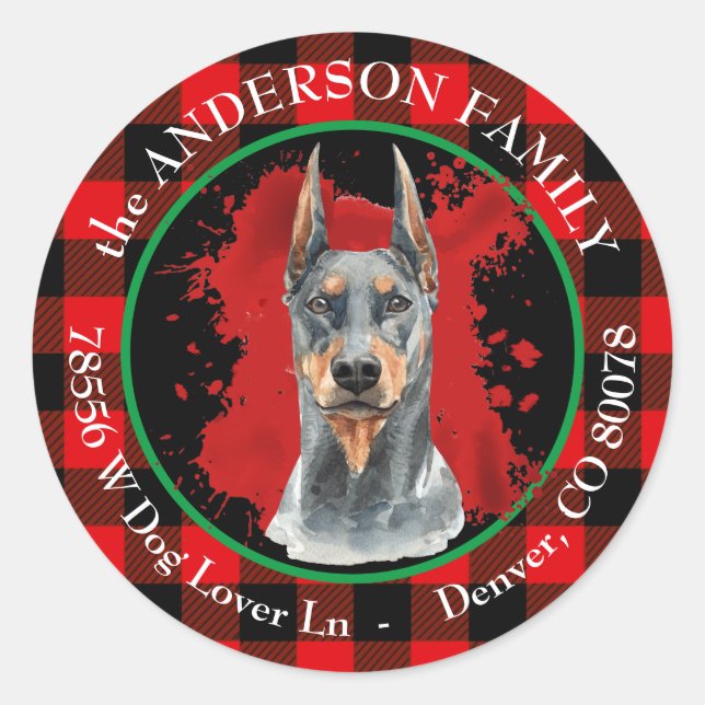 Buffalo Kariert Doberman Pinscher Rücksendeadresse Runder Aufkleber (Vorderseite)