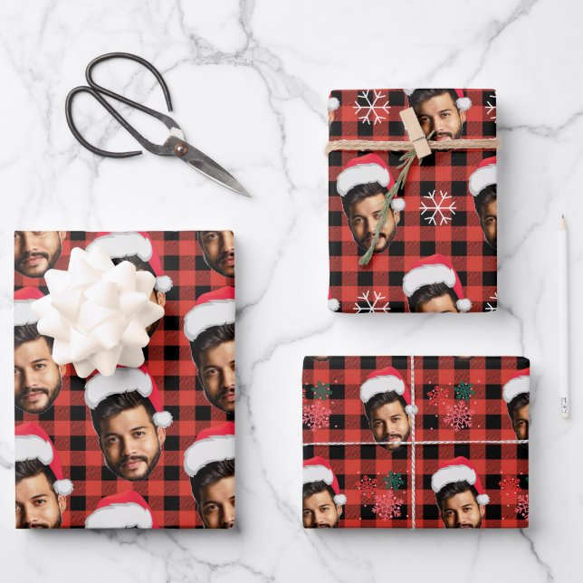 Buffalo Kariert & Funny Face Foto Weihnachten Geschenkpapier Set (Vorderseite)