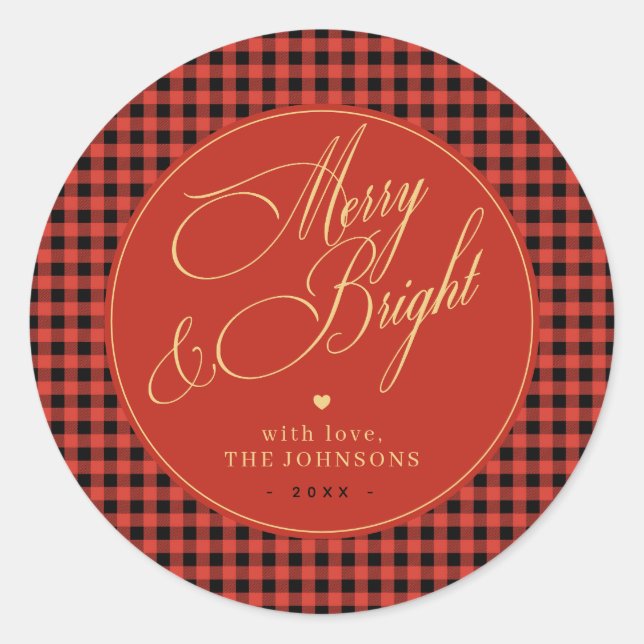 Buffalo Kariert Gingham Red Karo Merry und Bright Runder Aufkleber (Vorderseite)