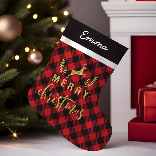 Buffalo Kariert Gold Deer Merry Monogram Kleiner Weihnachtsstrumpf (Von Creator hochgeladen)
