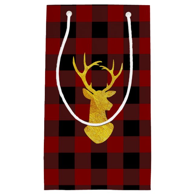 Buffalo Kariert Gold Foil Christmas Hirsch Kleine Geschenktüte (Vorderseite)