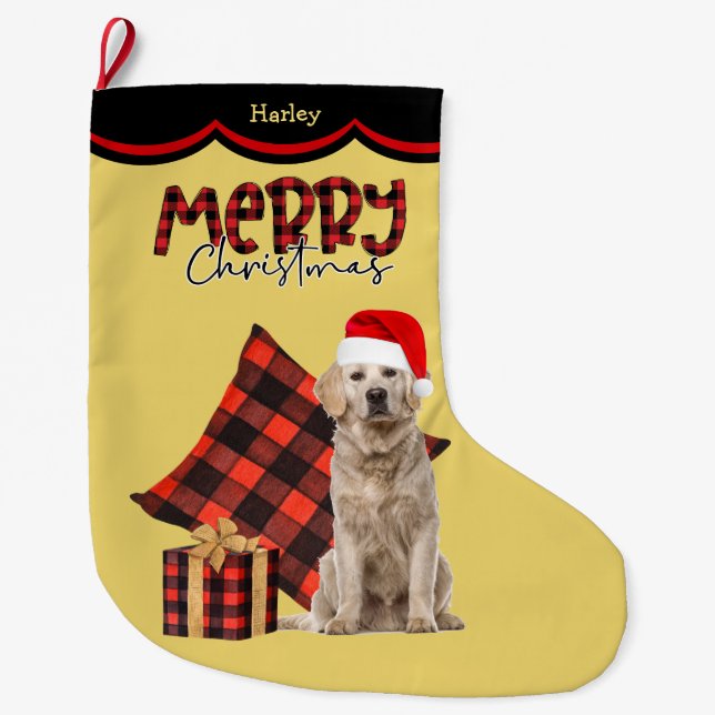 Buffalo Kariert Golden Retriever Dog Großer Weihnachtsstrumpf (Vorderseite)
