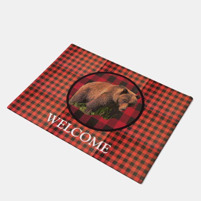 Buffalo Kariert Grizzlybär Willkommen vor der Tür Fußmatte (Schrägansicht)